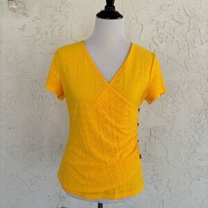 SHEIN Yellow Eyelet V-Neck Blouse